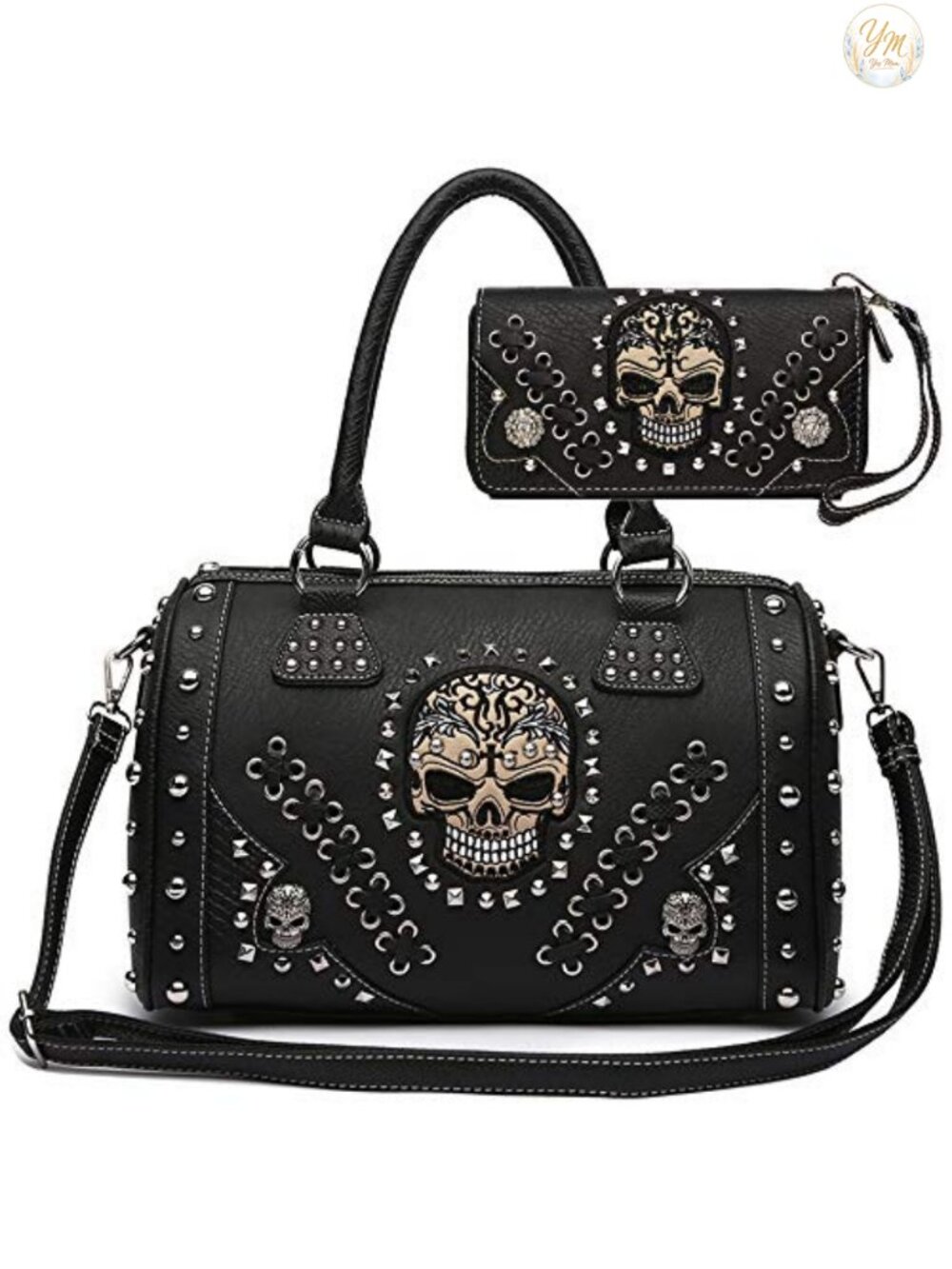 Gothic Skull Satchel Handbag Vegan Leather Removable Strap with Wallet